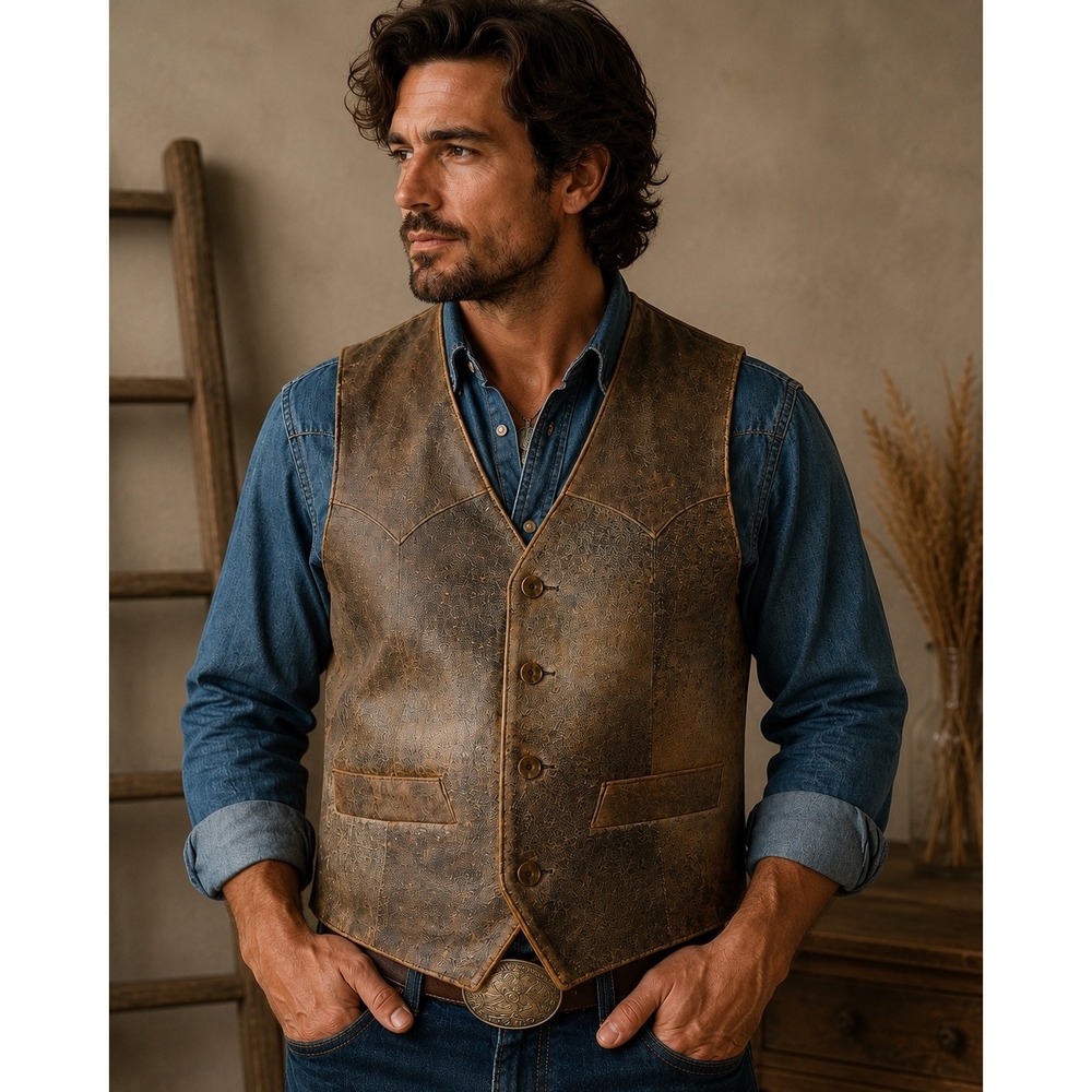 Kemo Sabe Mens Brown Distressed Leather Western Vest Embossed Size 44R